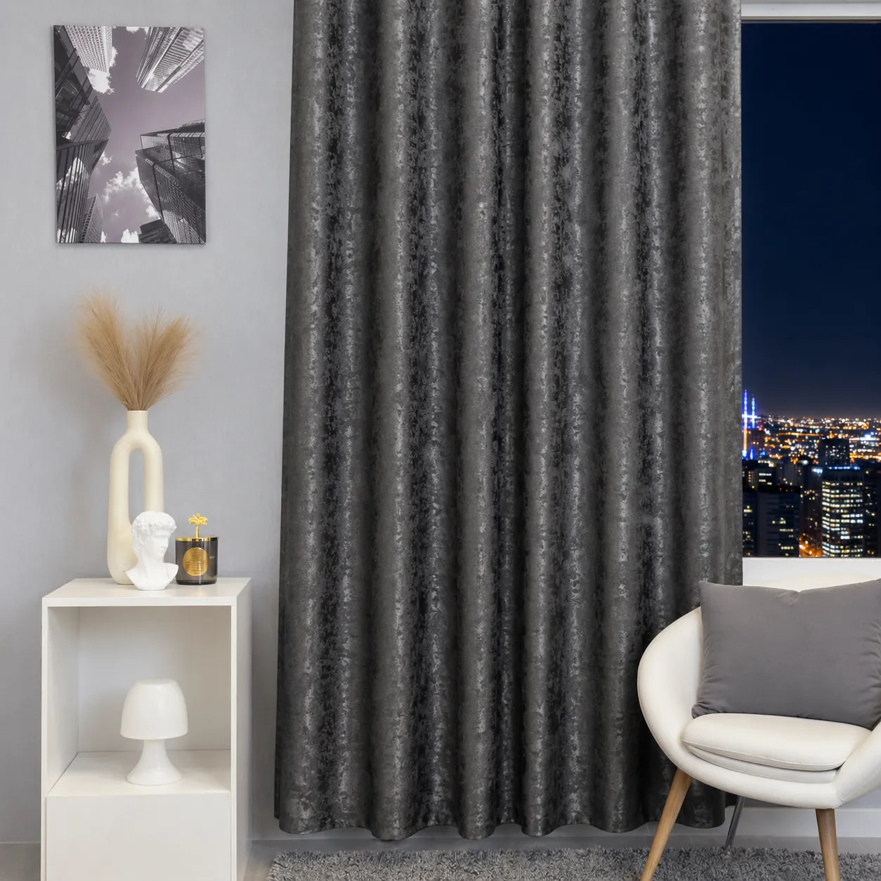 Quartz – Jacquard-Dekovorhang in Anthrazit mit melierter Optik und Satin-Glanz