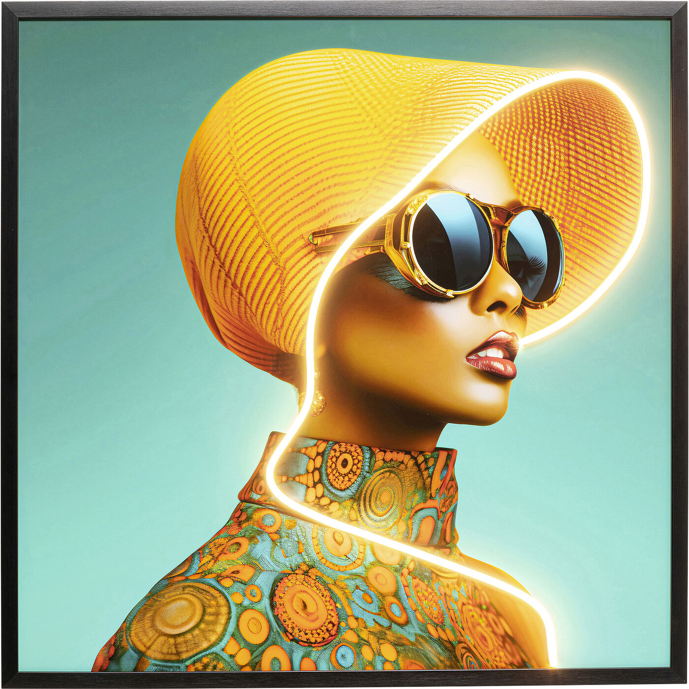 Gerahmtes Bild LED Sun Hat Woman Gelb 80x80cm