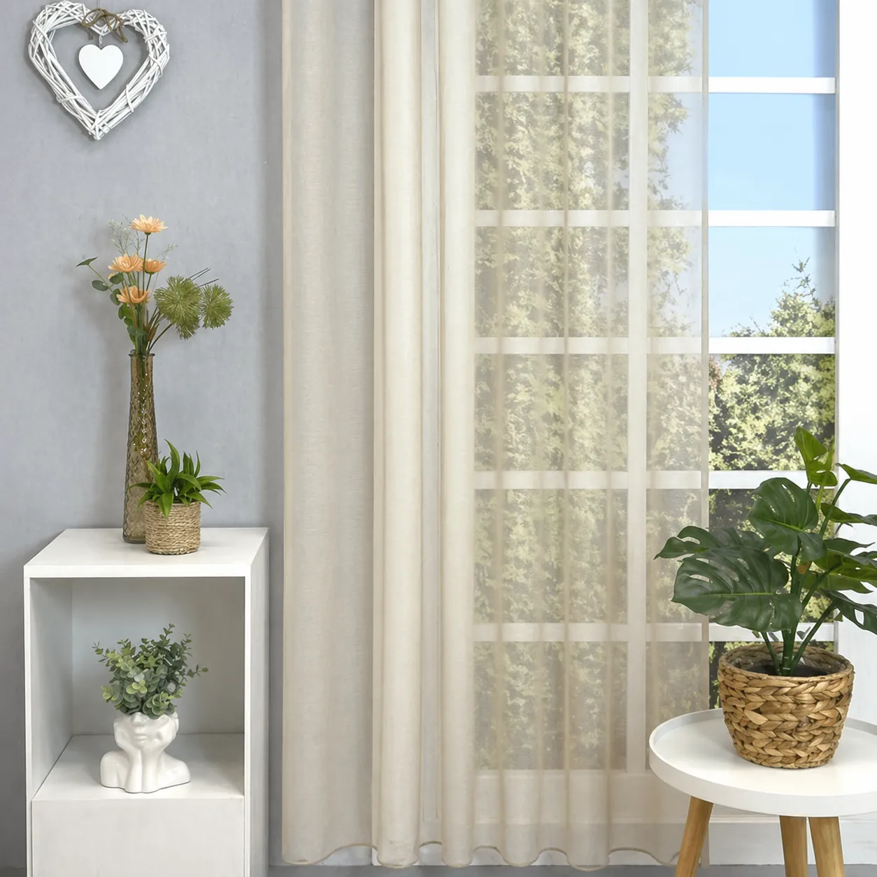 Kathrin – Sablé-Vorhang aus Naturleinen-Mix in Milchkaffee mit melierter Optik